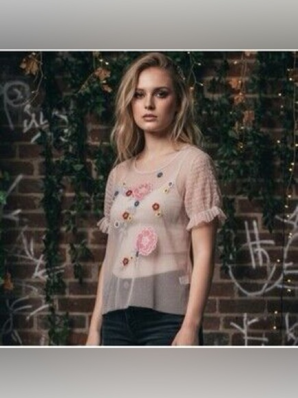 hippie laundry Sheer Blush Pink Floral Appliqué Top